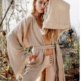 Raw Cotton Gypsy Kimono Robe ∆ Wide Sleeve Boho Kaftan Dress ∆ Goddess Kimono Cardigan ∆ Nomad Organic Wrap Jacket ∆ Tulum Women Coat/ Beige