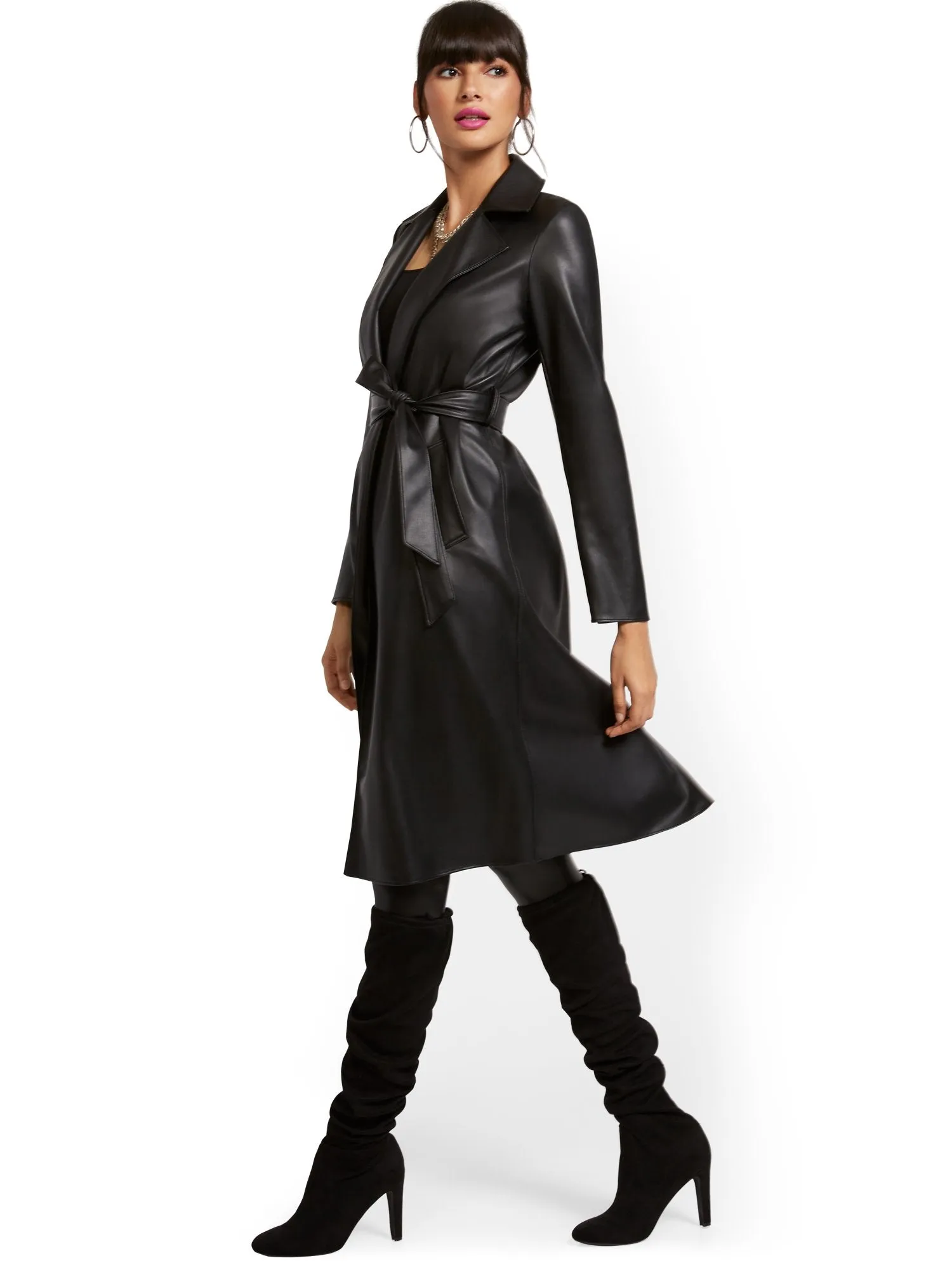 Responsibly-Treated Faux-Leather Flyaway Trenchcoat