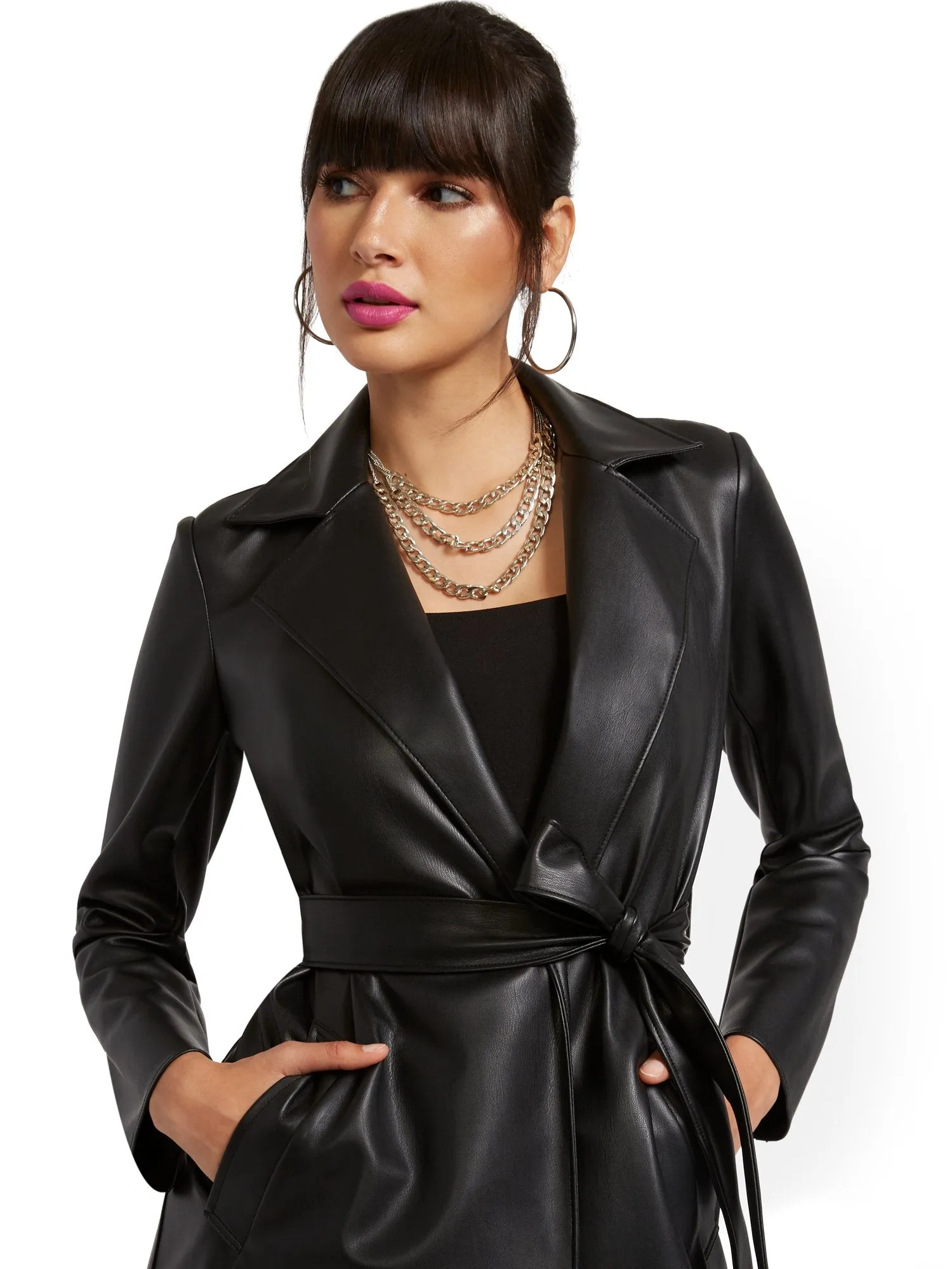 Responsibly-Treated Faux-Leather Flyaway Trenchcoat