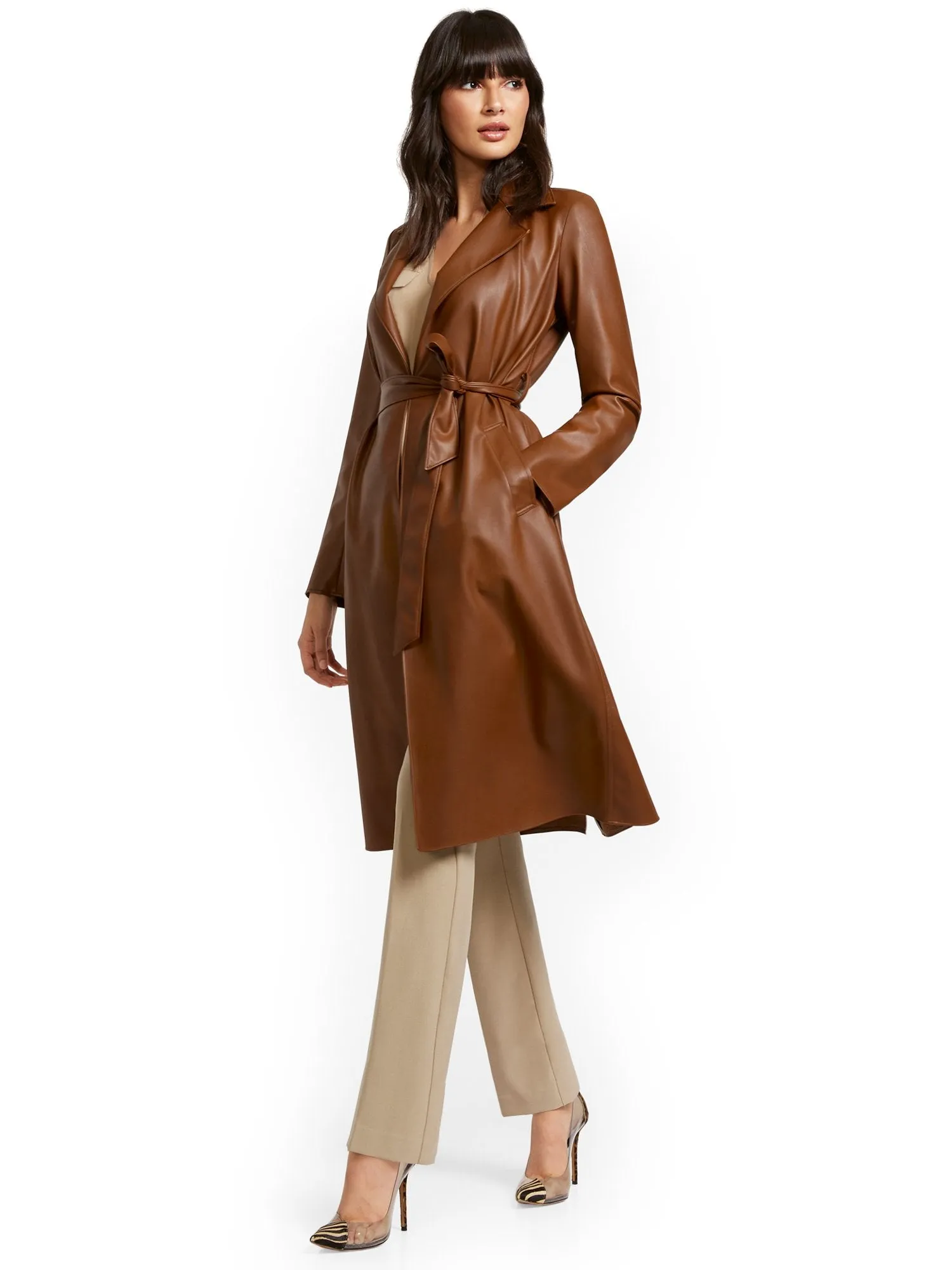 Responsibly-Treated Faux-Leather Flyaway Trenchcoat