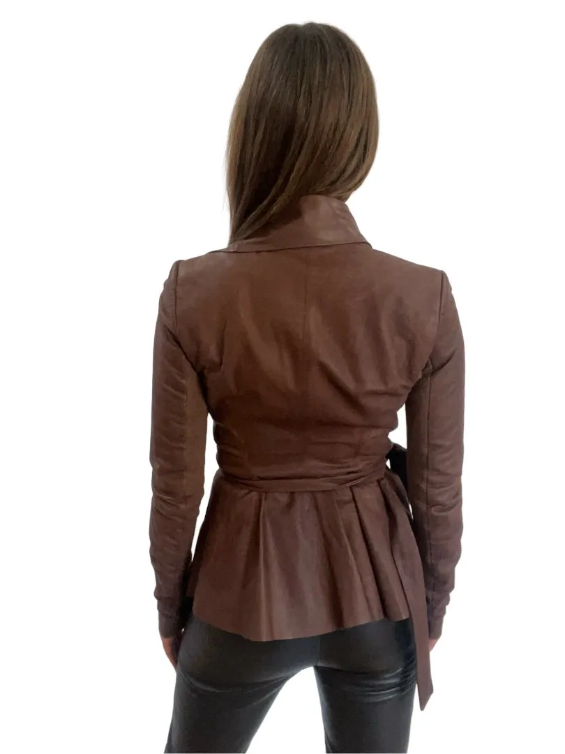 Rick Owens Brown Leather Wrap Jacket. Size: 40