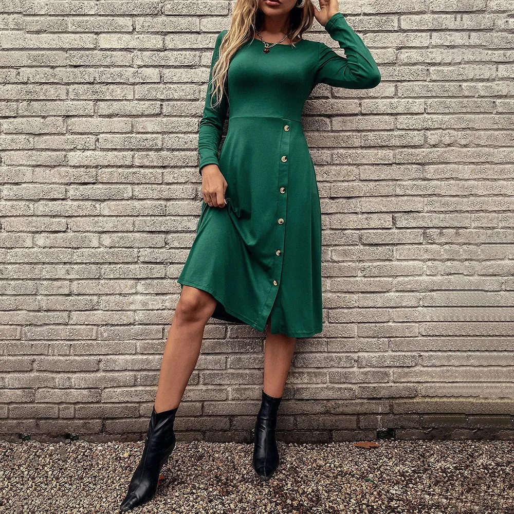 Round Neck Casual Long Sleeve Button Midi Knitted Dress Wholesale Dresses