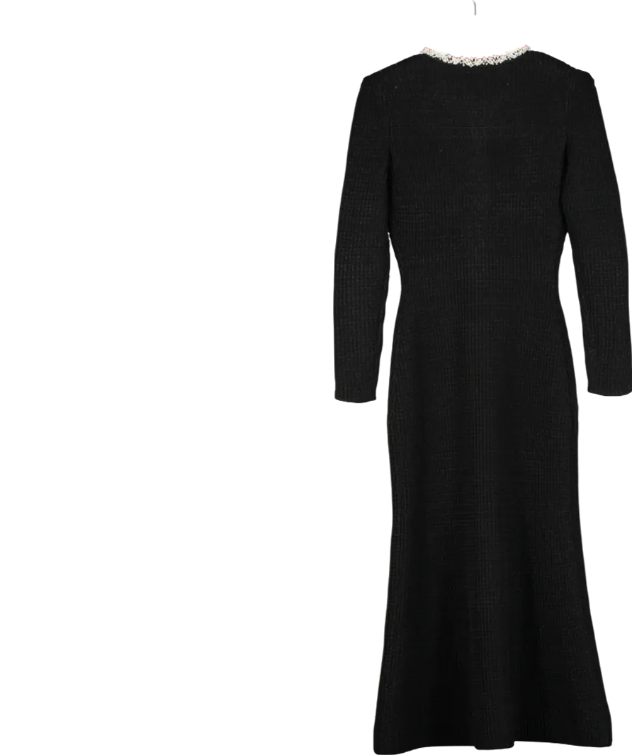 Self Portrait Black Faux Pearl-embellished Crepe-trimmed Metallic Ribbed-knit Midi Dress UK S