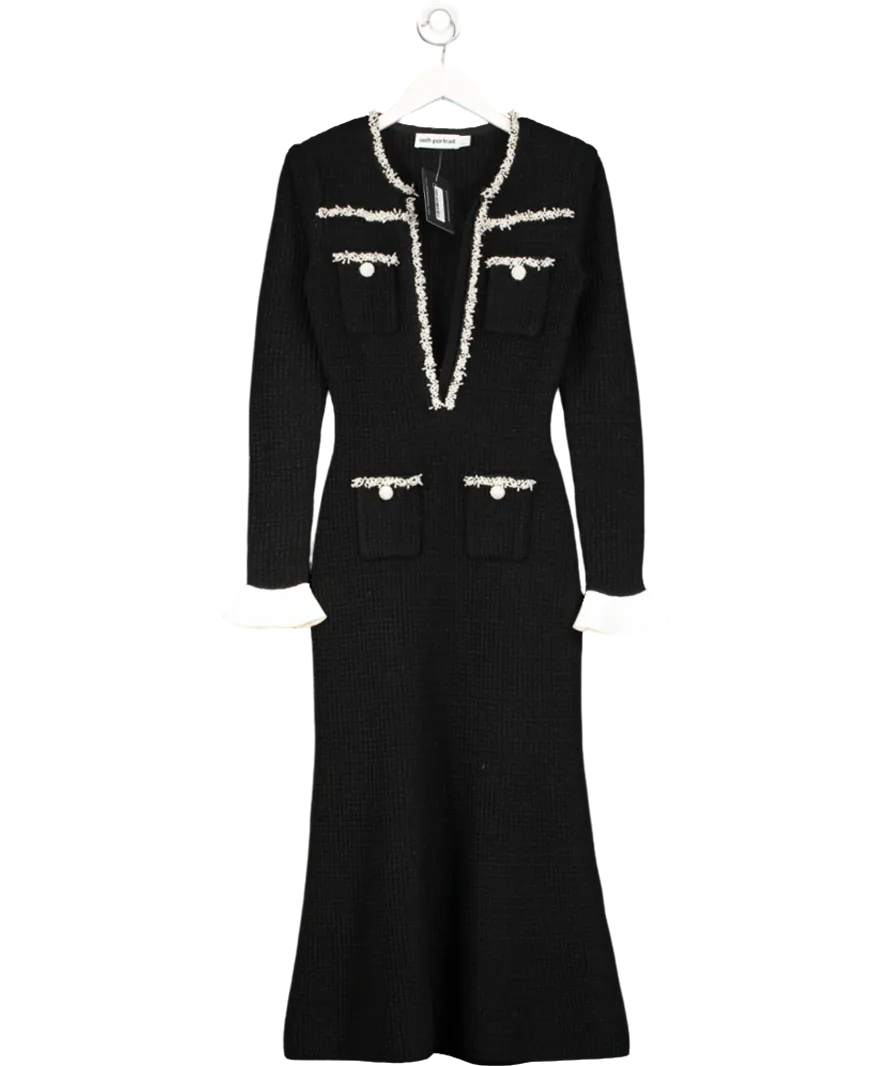Self Portrait Black Faux Pearl-embellished Crepe-trimmed Metallic Ribbed-knit Midi Dress UK S