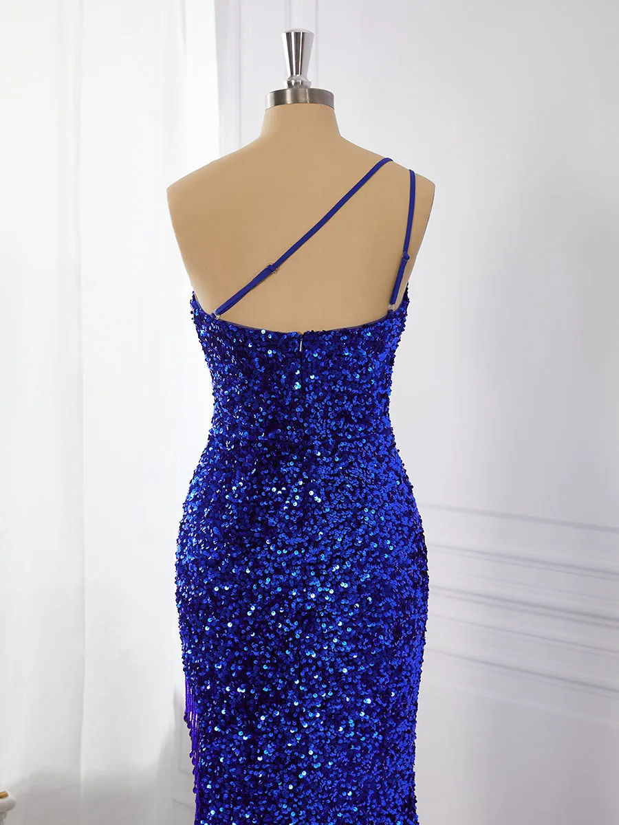 Sheath Velvet Sequins One-Shoulder Sweep Train Dress