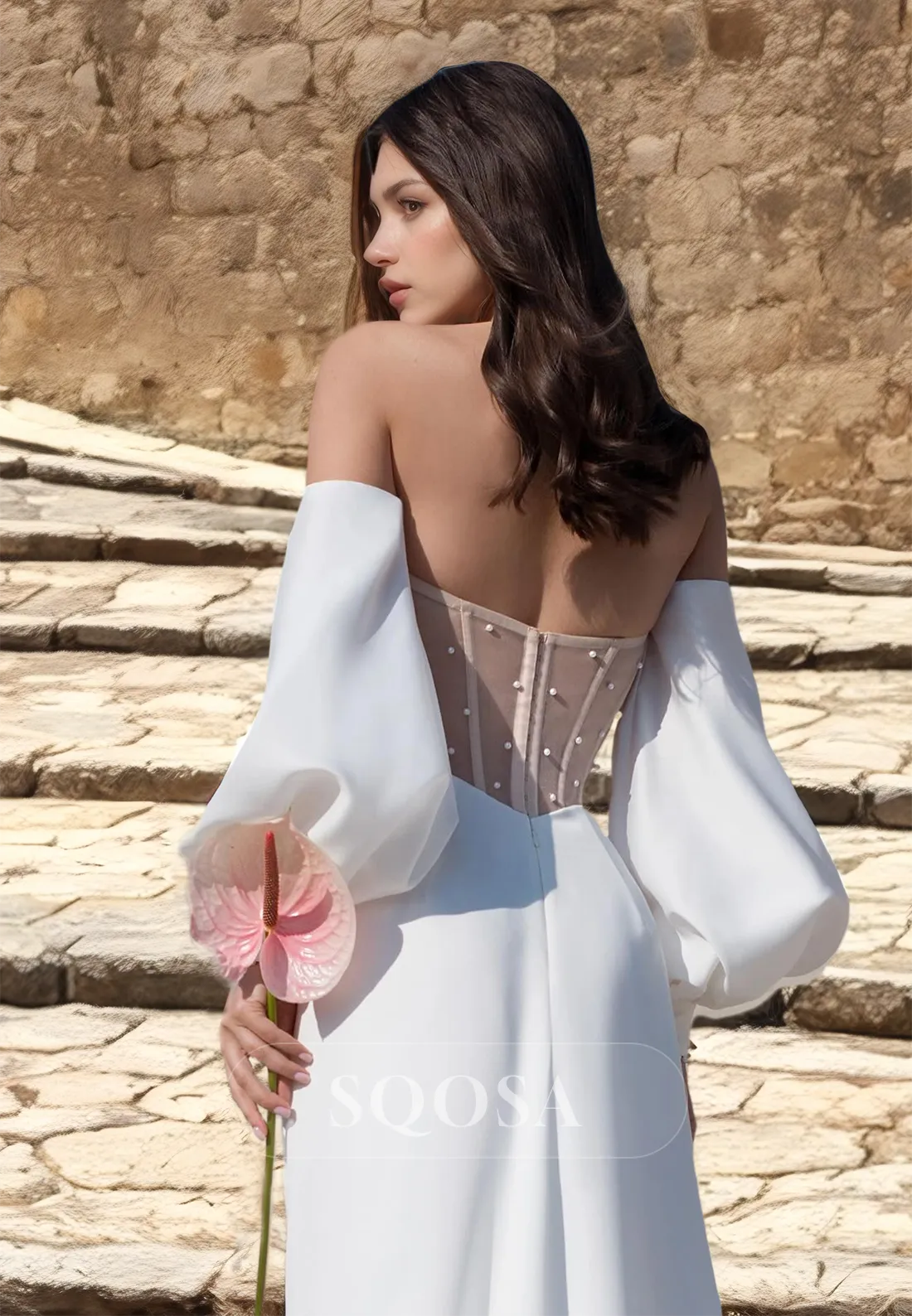 Simple Sweetheart Pleated Satin Bride Gowns Long-Sleeves Beaded Fitted Wedding Dress with Train