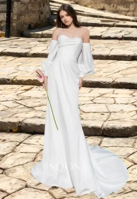 Simple Sweetheart Pleated Satin Bride Gowns Long-Sleeves Beaded Fitted Wedding Dress with Train