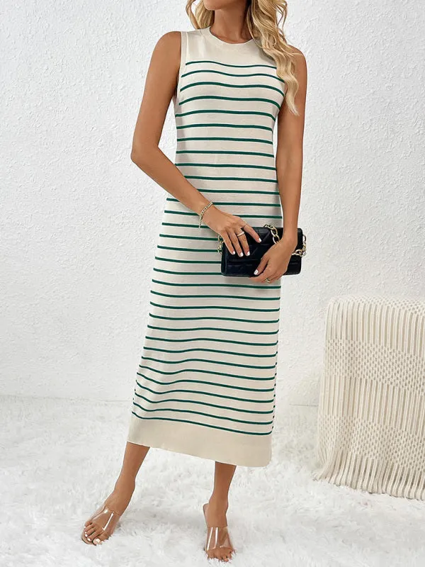 Summer Sleeveless Striped Knitted Midi Dress
