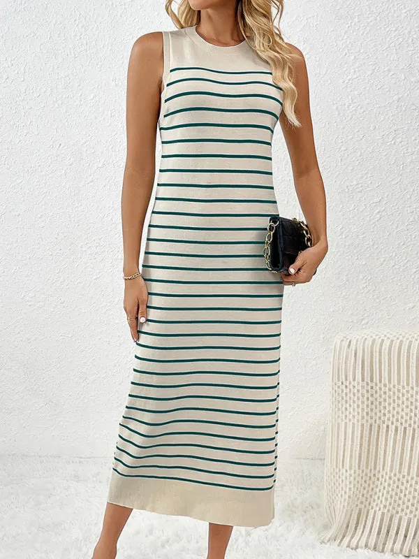 Summer Sleeveless Striped Knitted Midi Dress