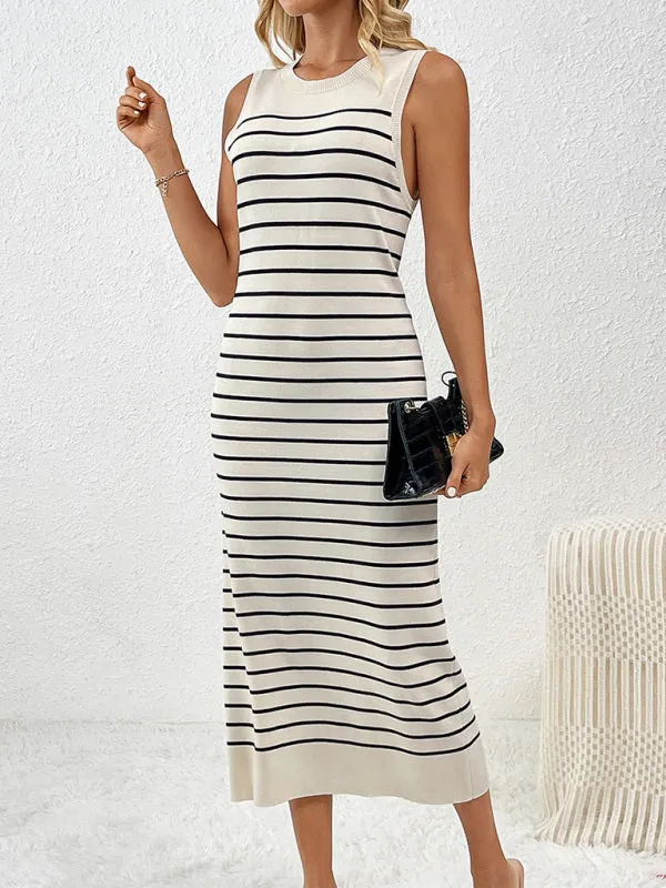 Summer Sleeveless Striped Knitted Midi Dress