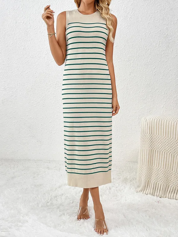 Summer Sleeveless Striped Knitted Midi Dress