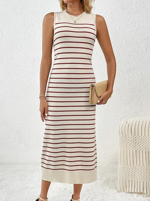 Summer Sleeveless Striped Knitted Midi Dress