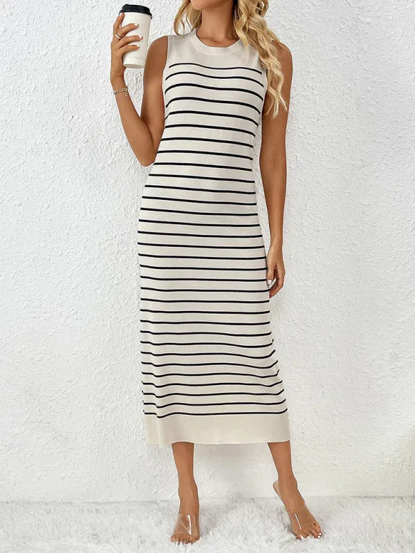 Summer Sleeveless Striped Knitted Midi Dress