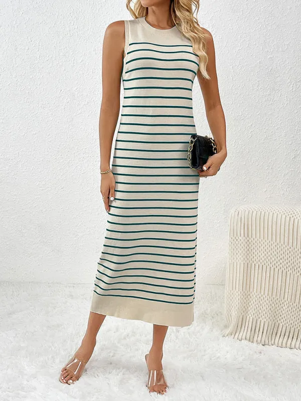 Summer Sleeveless Striped Knitted Midi Dress
