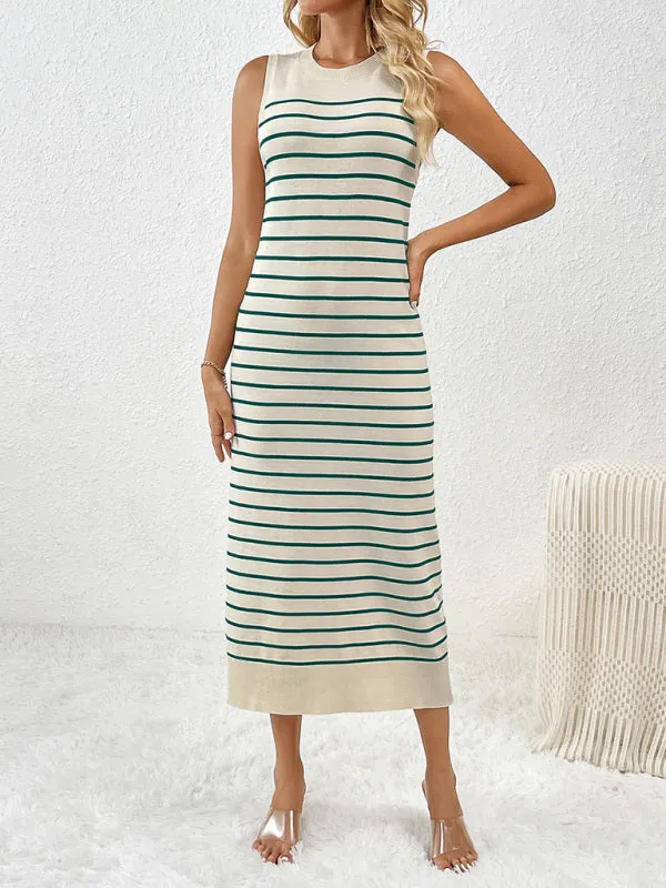 Summer Sleeveless Striped Knitted Midi Dress