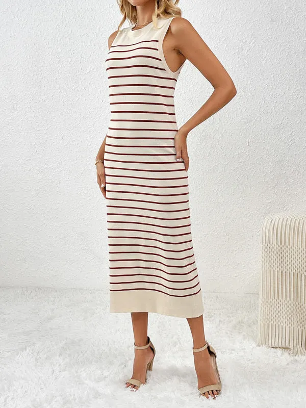 Summer Sleeveless Striped Knitted Midi Dress