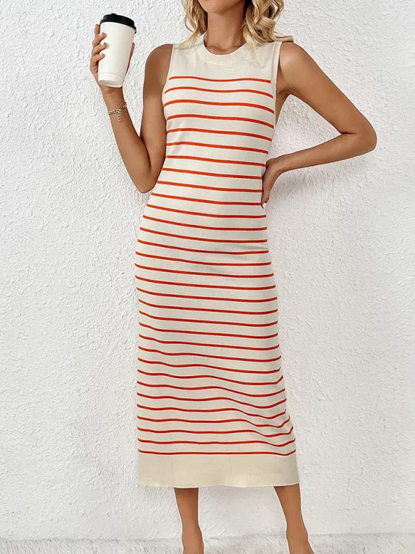 Summer Sleeveless Striped Knitted Midi Dress