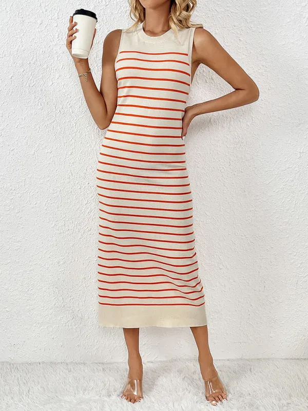 Summer Sleeveless Striped Knitted Midi Dress