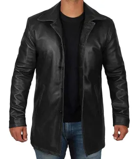 Tall Mens Black 3/4 Length Leather Car Coat
