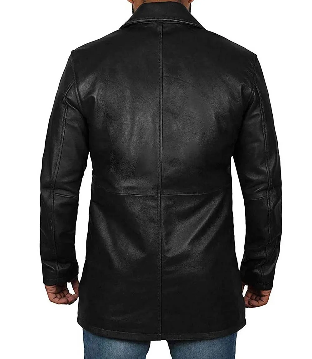 Tall Mens Black 3/4 Length Leather Car Coat