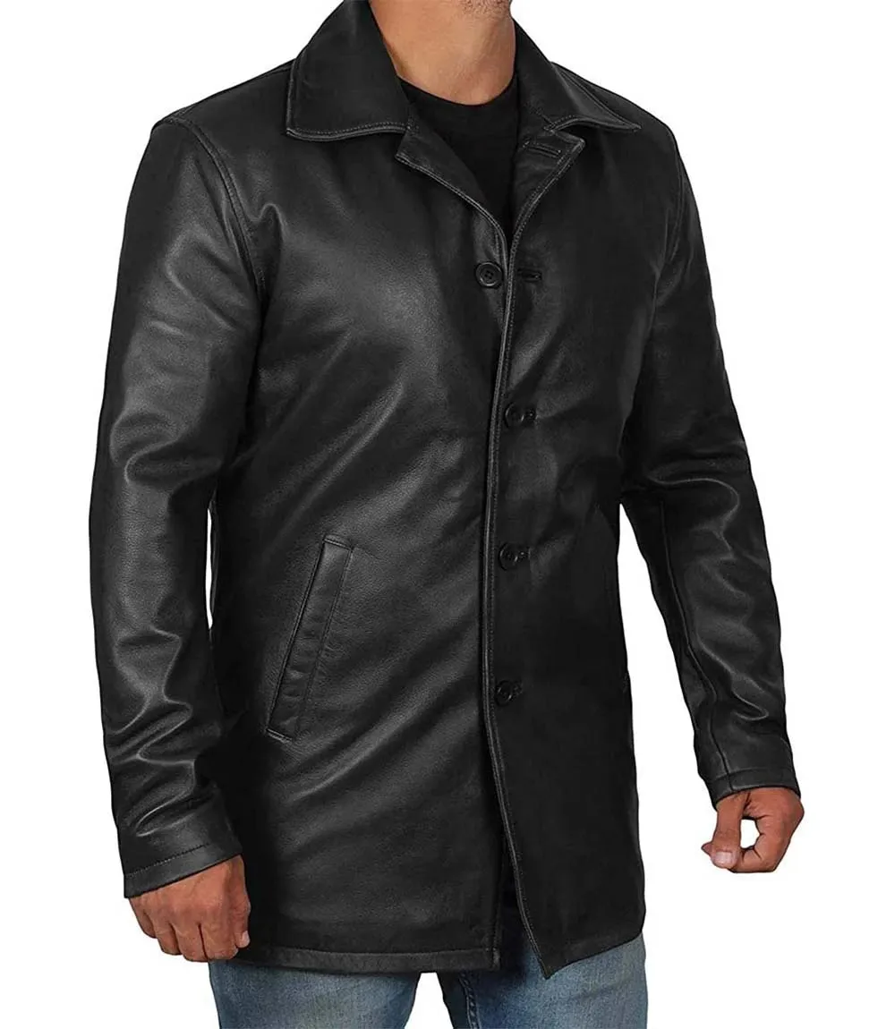Tall Mens Black 3/4 Length Leather Car Coat