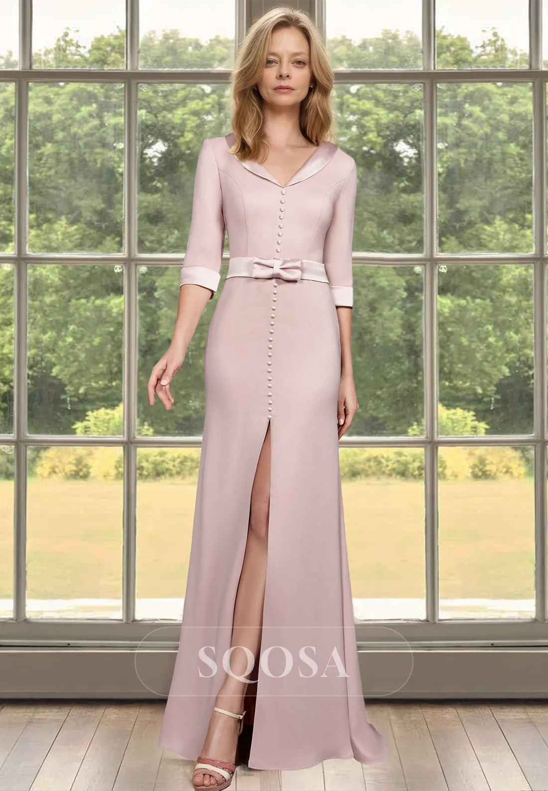 V-Neck Half-Sleeves Cocktail Gowns Slit Floor-Length Mermaid Mother of the Bride Dress