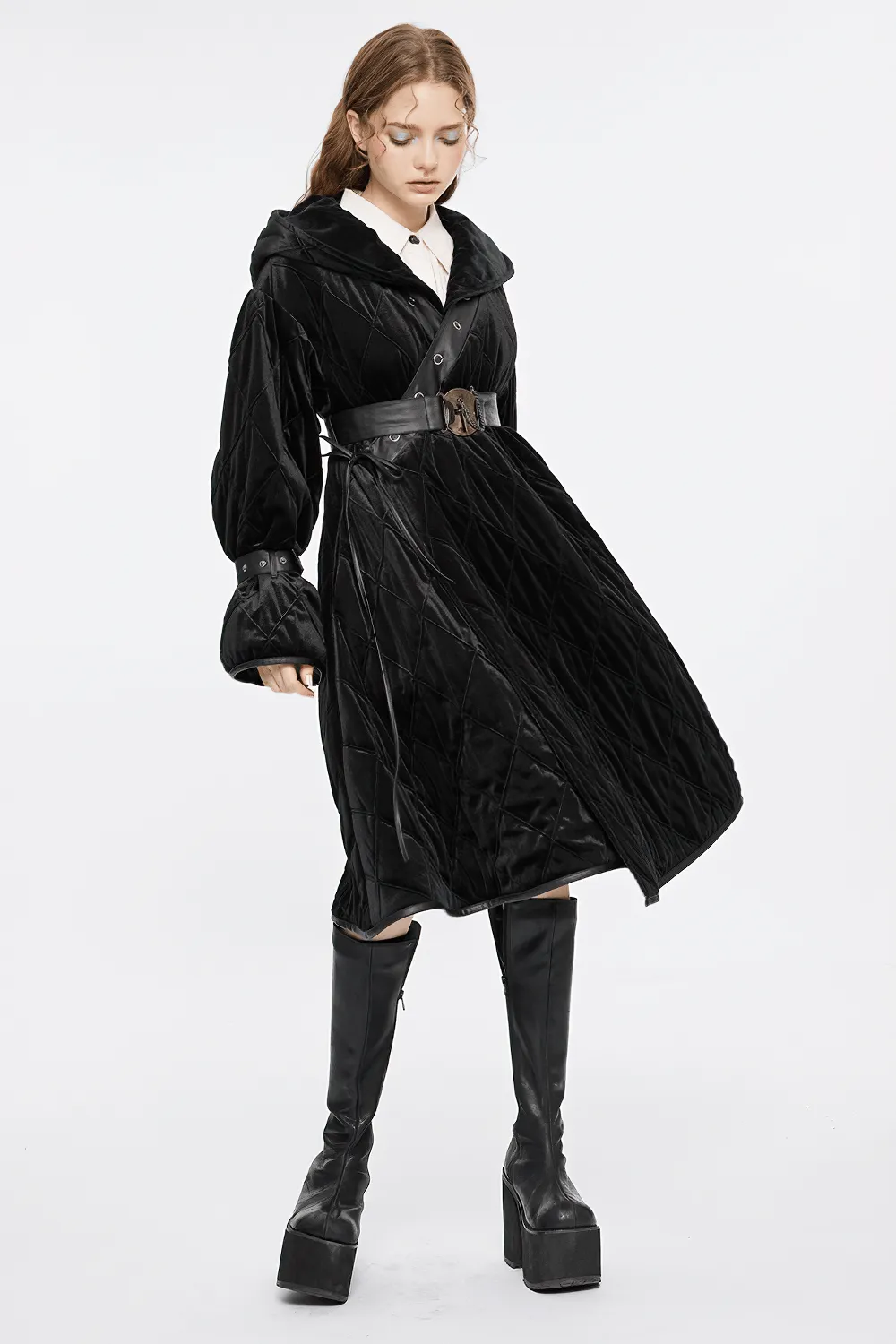 Velvet Gothic Hooded Long Coat With Detachable Leather Belt