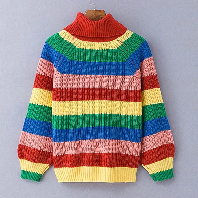VenusFox Rainbow turtleneck striped knitted sweaters jumpers oversized pullover