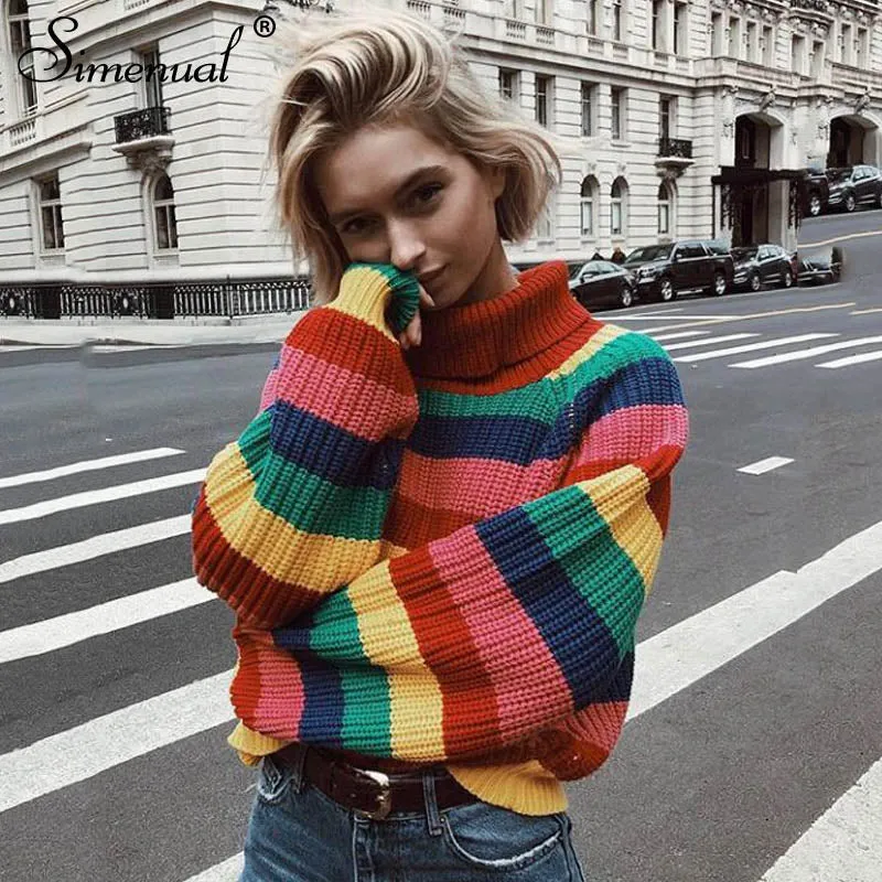 VenusFox Rainbow turtleneck striped knitted sweaters jumpers oversized pullover