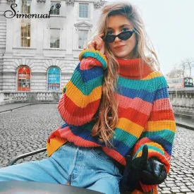 VenusFox Rainbow turtleneck striped knitted sweaters jumpers oversized pullover
