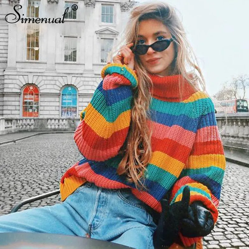 VenusFox Rainbow turtleneck striped knitted sweaters jumpers oversized pullover