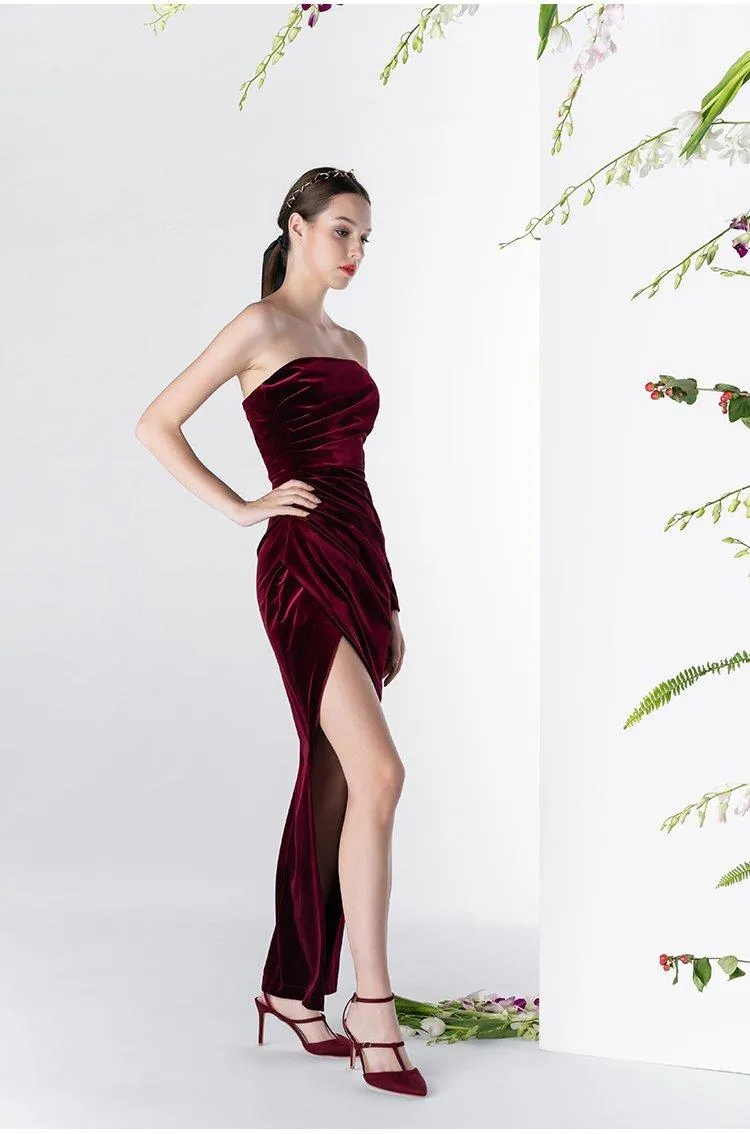 Vintage Wine Red Velvet one-sleeved cocktail prom evening dress - Sila