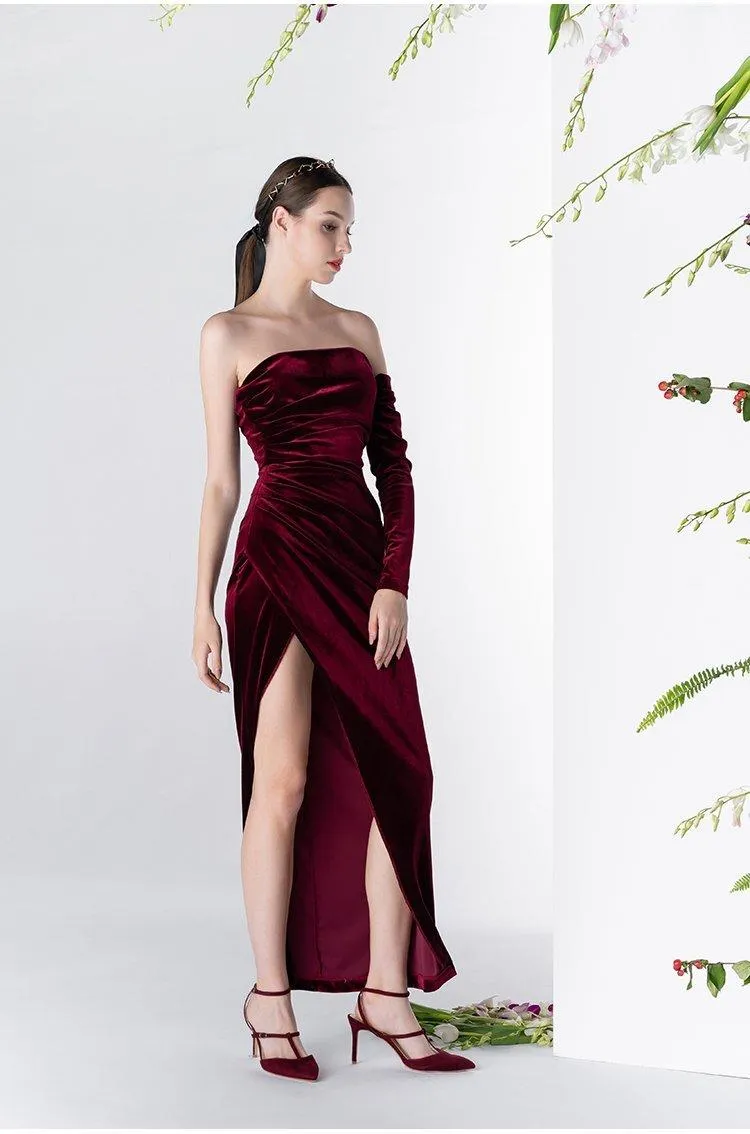 Vintage Wine Red Velvet one-sleeved cocktail prom evening dress - Sila