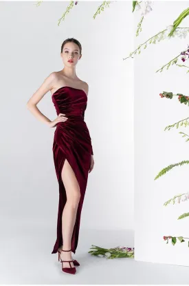 Vintage Wine Red Velvet one-sleeved cocktail prom evening dress - Sila