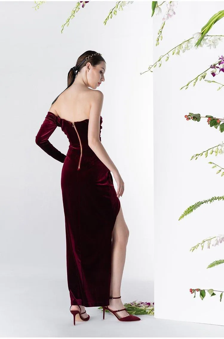 Vintage Wine Red Velvet one-sleeved cocktail prom evening dress - Sila