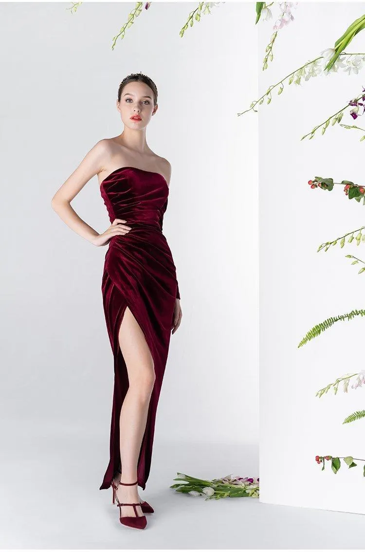 Vintage Wine Red Velvet one-sleeved cocktail prom evening dress - Sila