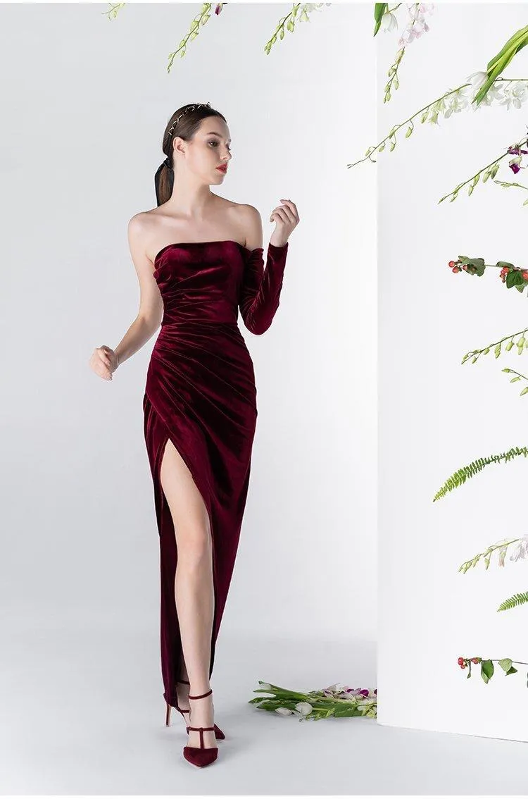 Vintage Wine Red Velvet one-sleeved cocktail prom evening dress - Sila