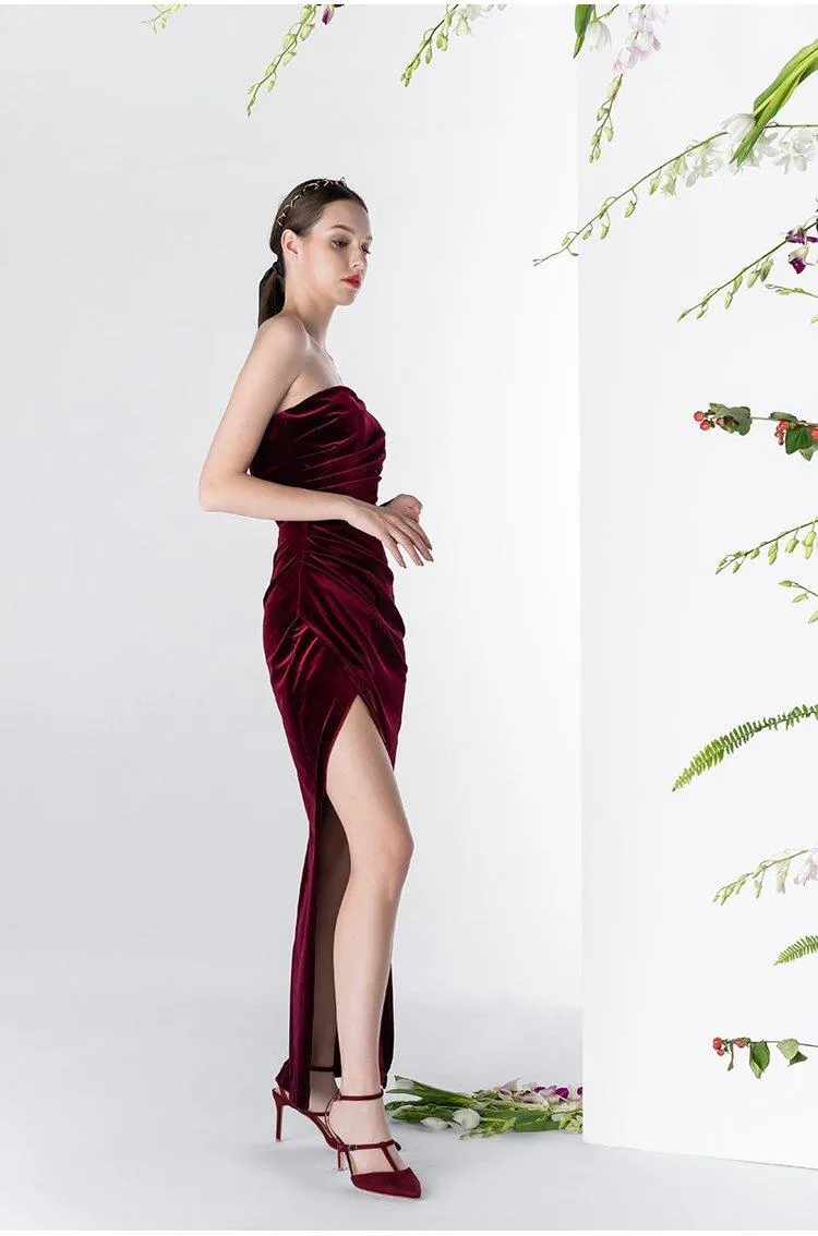 Vintage Wine Red Velvet one-sleeved cocktail prom evening dress - Sila