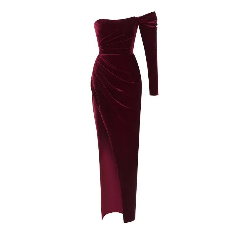 Vintage Wine Red Velvet one-sleeved cocktail prom evening dress - Sila