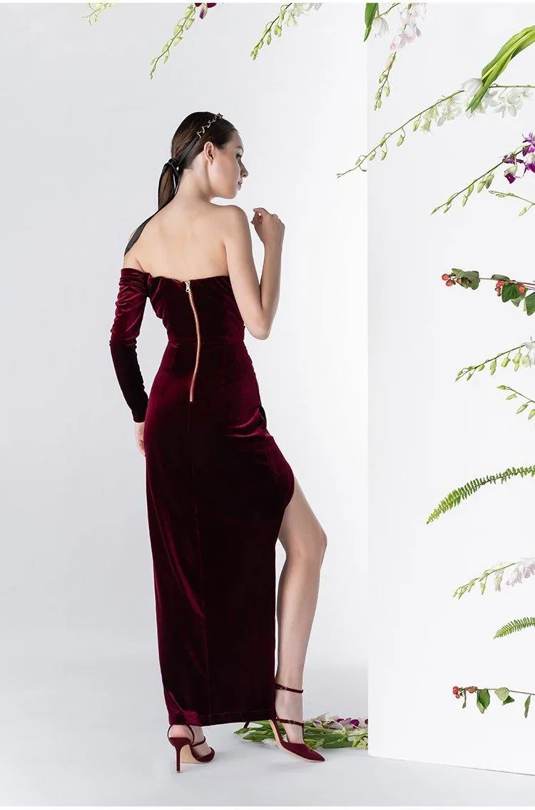 Vintage Wine Red Velvet one-sleeved cocktail prom evening dress - Sila