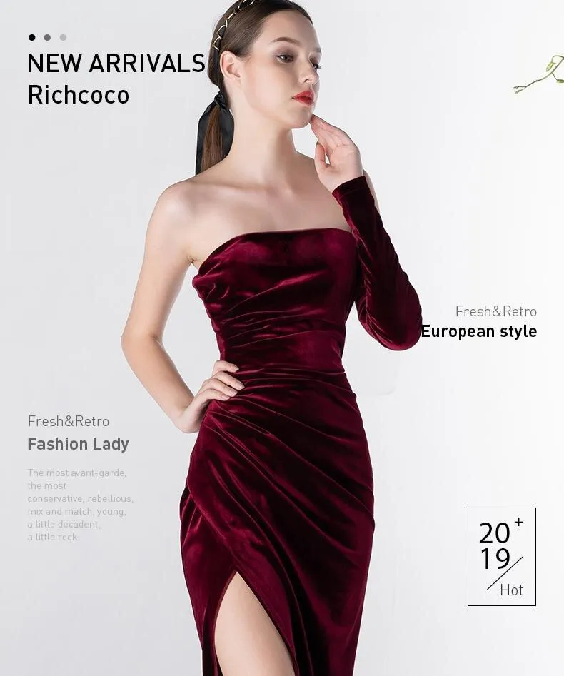 Vintage Wine Red Velvet one-sleeved cocktail prom evening dress - Sila