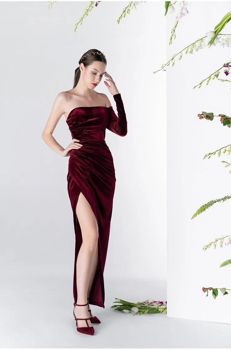 Vintage Wine Red Velvet one-sleeved cocktail prom evening dress - Sila