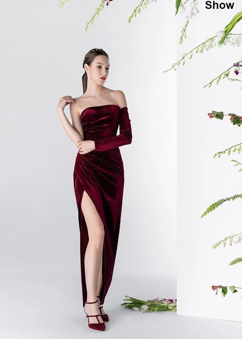 Vintage Wine Red Velvet one-sleeved cocktail prom evening dress - Sila
