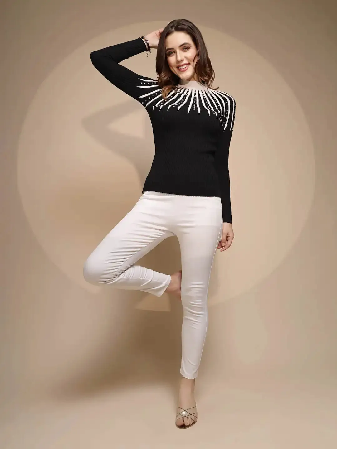 Women Black Solid Turtleneck Regular Fit Pullover
