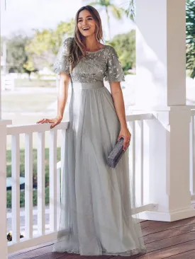 Women's A-Line Short Sleeve Embroidery Floor Length Evening Dresses
