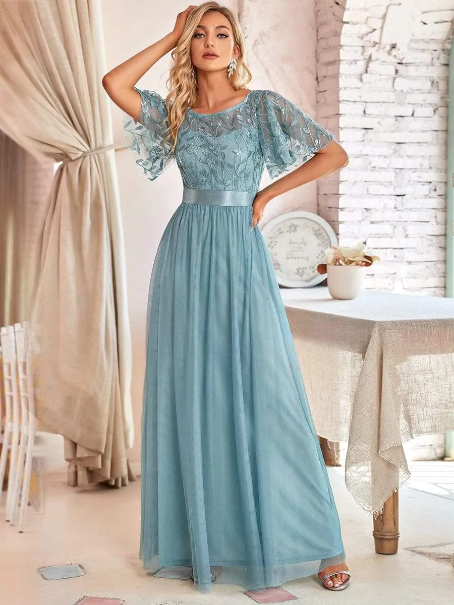 Women's A-Line Short Sleeve Embroidery Floor Length Evening Dresses