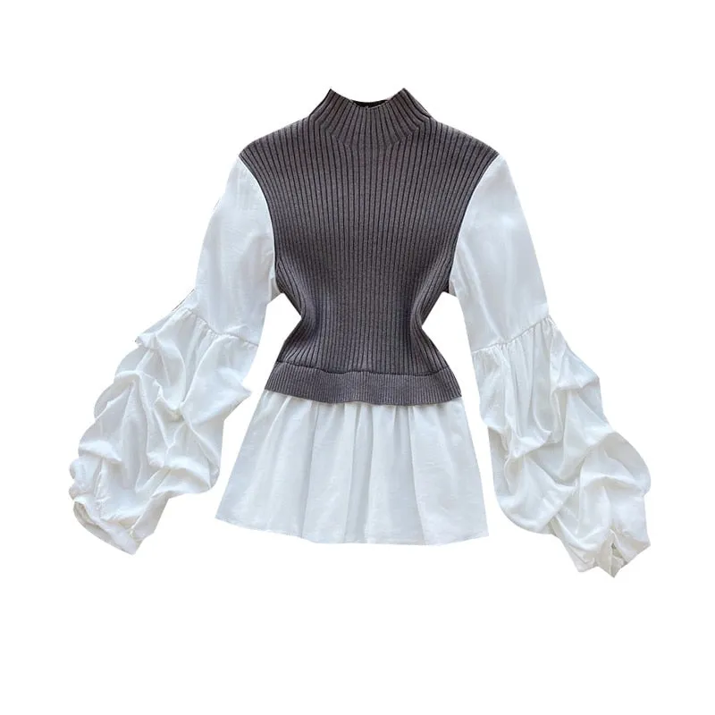 Women's Knit Patchwork Fake Two-Piece Slim Fit Lantern Sleeved Shirt Tide Turtleneck Sweater Top